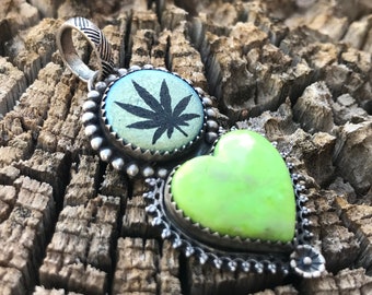 Sacred Heart of Mary Jane - Dyed Kingman Turquoise heart pendant - sterling silver heart with blue Czech glass cannabis marijuana charm