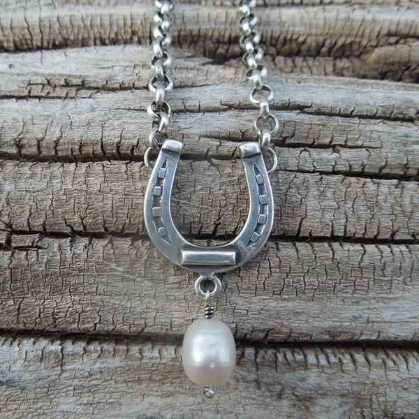 NEW Horseshoe Sterling Silver Necklace - Pearl version - heavy sterling rolo chain