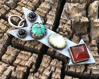 Arrow pendant - American (Kingman, Arizona) Turquoise, Orange Carnelian, Black Onyx, White Mother of Pearl - Sterling Silver