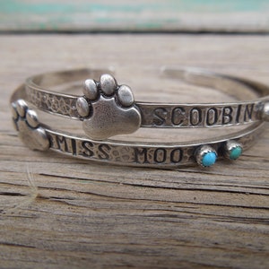 Dog Cat Pet Custom Memorial Bracelet - Hammered Sterling Silver and Turquoise - Donation to Animal Rescue