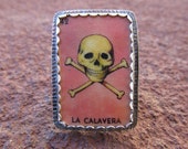 Mexican Loteria Calavera Skull Cocktail Ring Sterling Silver and Shrinky Dink Shrink Plastic Jewelry