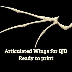 May include: A 3D-rendered, articulated wing structure in off-white, set against a black background. The wing design features multiple segments and joints, with the text "Articulated Wings for BJD Ready to print" in white.