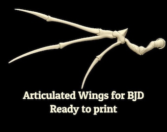 May include: A 3D-rendered, articulated wing structure in cream, set against a black background. The wing design features multiple segments and joints, with the text "Articulated Wings for BJD Ready to print" in white.