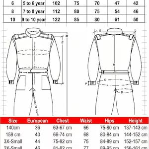 May include: A detailed size chart for children's clothing, showing measurements in centimetres for chest, waist, hips, and height, alongside European sizes. Sizes range from 140cm to 4X-Large, with corresponding chest and waist measurements.