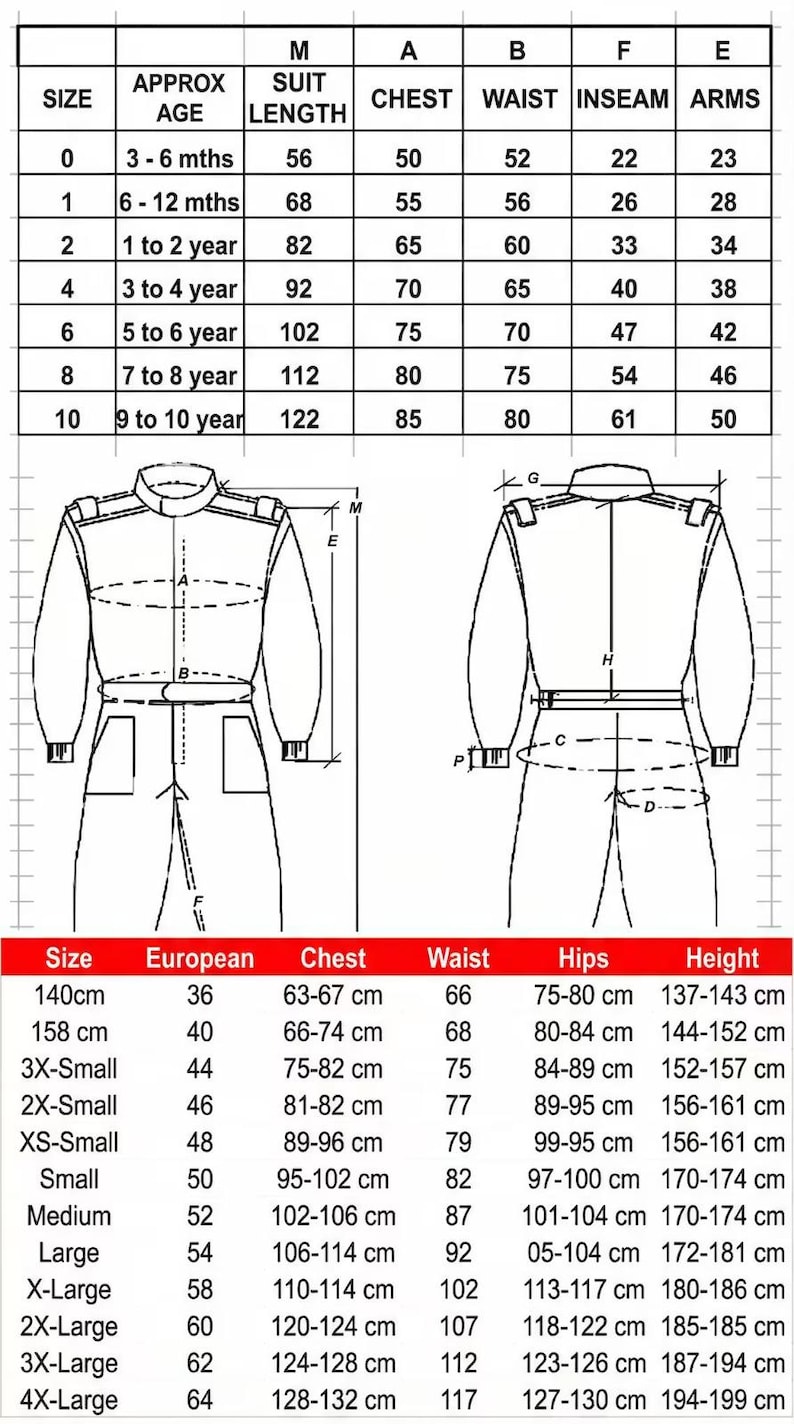 May include: A detailed size chart for children's clothing, showing measurements in centimetres for chest, waist, hips, and height, alongside European sizes. Sizes range from 140cm to 4X-Large, with corresponding chest and waist measurements.