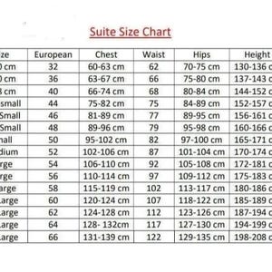 May include: A suite size chart showing measurements in centimetres. The chart details sizes from 120 cm to 139 cm, with corresponding European sizes, chest, waist, hips, and height measurements. The text "Suite Size Chart" is at the top.