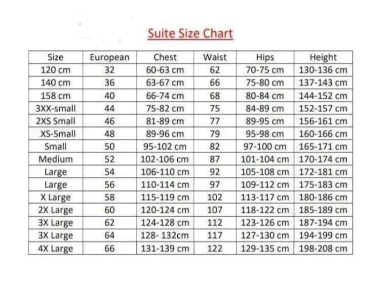 May include: A suite size chart showing measurements in centimetres. The chart details sizes from 120 cm to 139 cm, with corresponding European sizes, chest, waist, hips, and height measurements. The text "Suite Size Chart" is at the top.