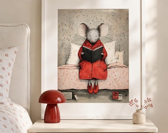 Lámina con estampado de ratón lector, arte mural de animales caprichosos, decoración para leer cuentos.