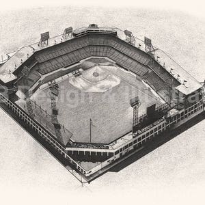 Puede incluir: Un dibujo a l&aacute;piz en blanco y negro de un estadio de b&eacute;isbol desde una perspectiva a&eacute;rea. El estadio tiene un gran campo con un diamante de b&eacute;isbol en el centro y gradas que rodean el campo.