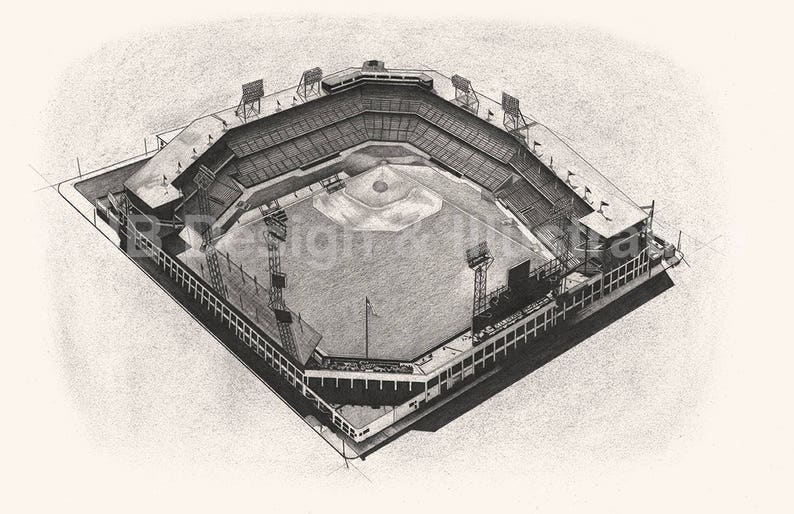 Puede incluir: Un dibujo a l&aacute;piz en blanco y negro de un estadio de b&eacute;isbol desde una perspectiva a&eacute;rea. El estadio tiene un gran campo con un diamante de b&eacute;isbol en el centro y gradas que rodean el campo.