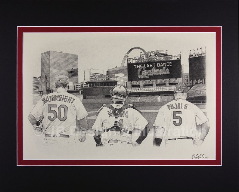 Yadier Wainwright Pujols Trio 16 x 20 Matted Pencil Drawing image 1