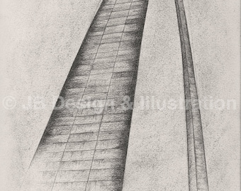May include: A black and white pencil drawing of the Gateway Arch in St. Louis, Missouri.