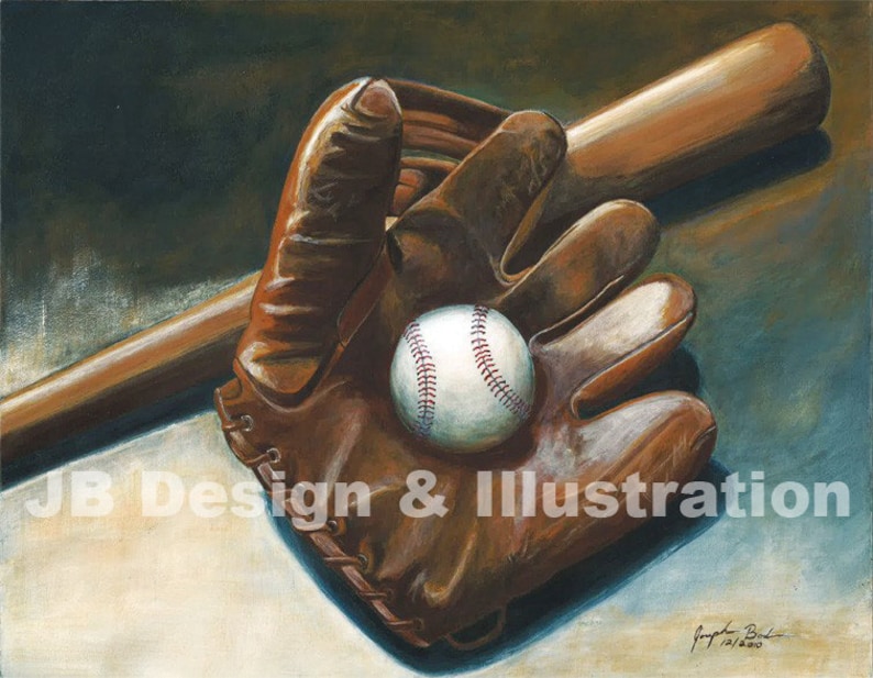 Vintage Baseball Glove & Bat Painting print Etsy
