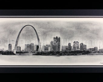 St. Louis Skyline 8.5 x 18.75 Framed Pencil Drawing