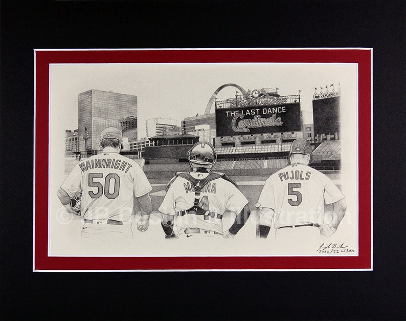 Yadier Wainwright Pujols Trio 11 x 14 Matted Pencil Drawing image 1