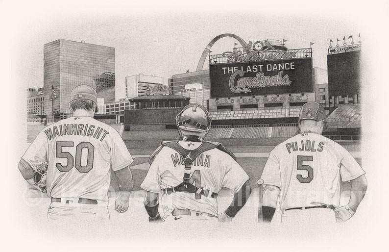 Yadier Wainwright Pujols Trio 11 x 14 Matted Pencil Drawing image 2