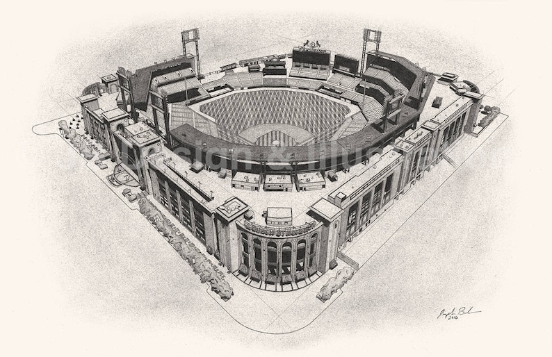Puede incluir: Un dibujo a l&aacute;piz en blanco y negro de un estadio de b&eacute;isbol. El estadio est&aacute; dibujado desde una vista de p&aacute;jaro y muestra los asientos, el campo y el &aacute;rea circundante. El dibujo est&aacute; firmado "April 8th, 2016".