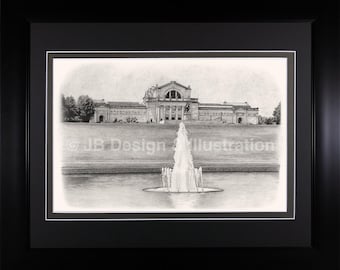 Dibujo a lápiz enmarcado de 16 x 20 del Museo de Arte de San Luis