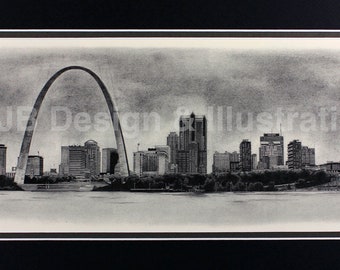 St. Louis Skyline 8.5 x 18.75 Matted Pencil Drawing