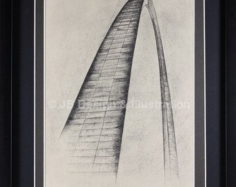 May include: Framed pencil sketch of the Gateway Arch in St. Louis, Missouri. The artwork is a detailed drawing of the arch's structure, with shading to create depth. The artwork is signed and dated 2011.