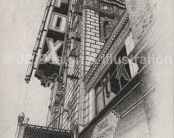 Puede incluir: Un dibujo a lápiz en blanco y negro de un edificio con un gran letrero que dice "Fox". El edificio tiene una fachada de ladrillo y detalles ornamentados. Hay un letrero más pequeño que dice "Bienvenido a Fox" debajo del letrero principal. El edificio está inclinado hacia arriba, lo que le da a la imagen una perspectiva dinámica.