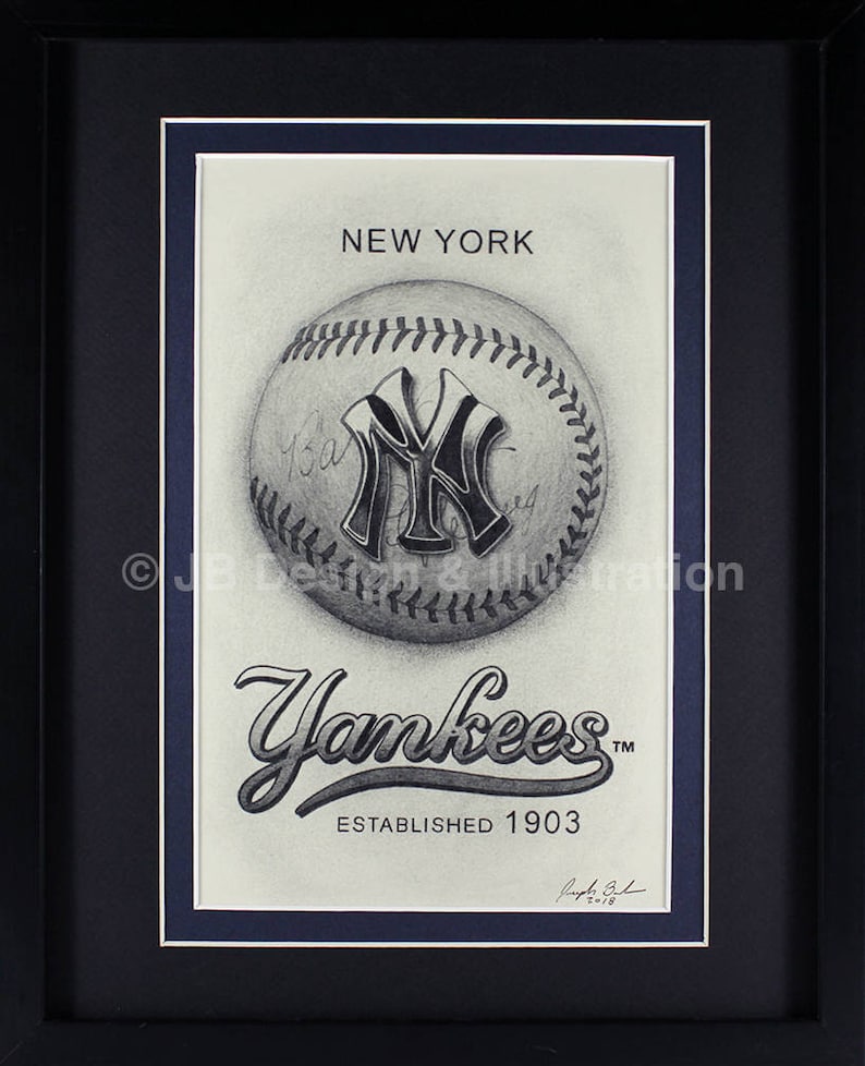New York Yankees 11 x 14 Framed Pencil Drawing