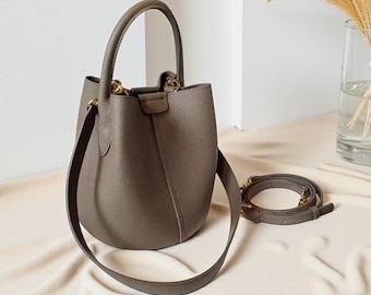 Round Bucket Tote Bag : Small Elegant Cowhide, Leather Shoulder, Crossbody Handbag