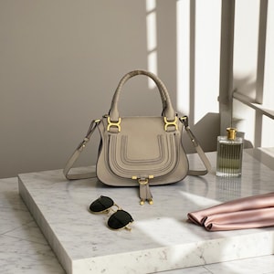 May include: A light gray handbag with a top handle and a shoulder strap, featuring gold-colored hardware. The bag is paired with black sunglasses, a perfume bottle, and a pink scarf. The items are arranged on a marble surface.