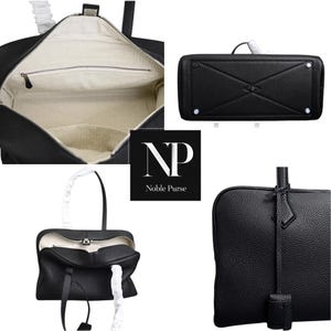 May include: Black leather handbag with multiple views. The bag has a textured surface and a spacious interior with a light-colored lining. The image shows the bag from different angles, including the top, bottom, and interior.