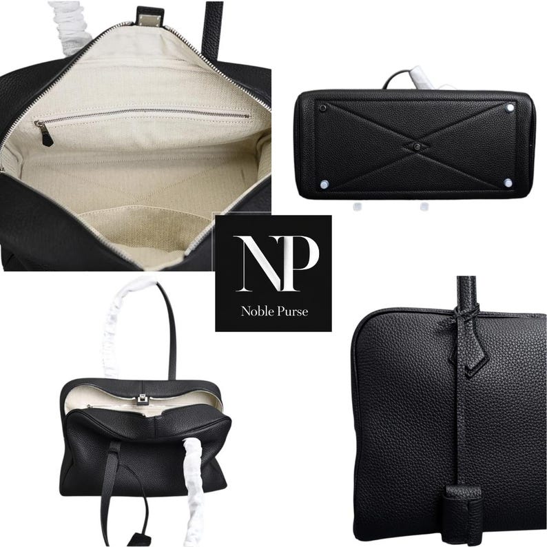 May include: Black leather handbag with multiple views. The bag has a textured surface and a spacious interior with a light-colored lining. The image shows the bag from different angles, including the top, bottom, and interior.