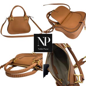 May include: A tan leather handbag with a top handle and a detachable shoulder strap. The bag has gold-tone hardware and a zip closure. The interior is lined with a light-colored fabric. The bag is shown from multiple angles.