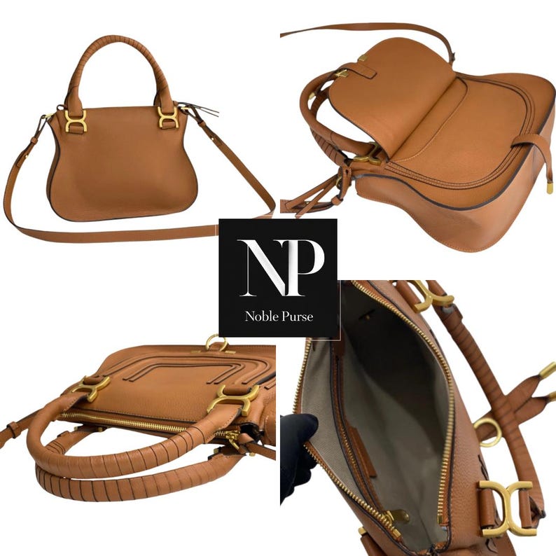 May include: A tan leather handbag with a top handle and a detachable shoulder strap. The bag has gold-tone hardware and a zip closure. The interior is lined with a light-colored fabric. The bag is shown from multiple angles.