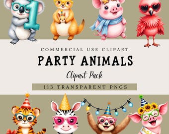 Party Animals Clipart Bundle, Birthday Animal PNG for Canva, Safari Jungle Animal in Party Hats, First Birthday Zoo Clipart for Boys & Girls