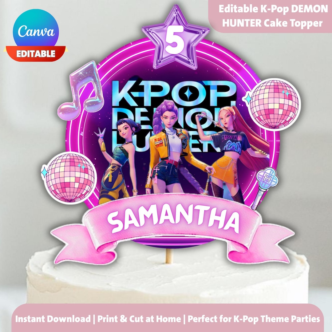 Topo de bolo Kpop editável com tema de caçadores de demônios, topos de ...