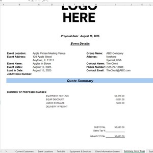 May include: A business proposal document with the text "LOGO HERE" at the top. The document includes event details, a quote summary, and financial figures. The proposal date is August 15, 2025.