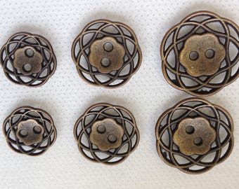 Copper Button. Metal button.  Lot of 6 (pick size) - Metal filagree design.Bronze button. available in 3 sizes.