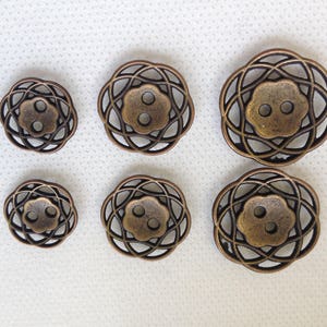 Copper Button. Metal button.  Lot of 6 (pick size) - Metal filagree design.Bronze button. available in 3 sizes.