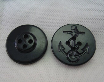 Anchor Button, Black Anchor button, Pea Coat Button,  1 1/4" (32mm) in diameter - New - Lot of 2