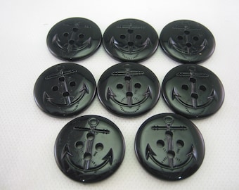 Black Anchor Button, Peacoat button, Black,  1  1/16" (28mm) in diameter - New - Lot of 8  buttons Large