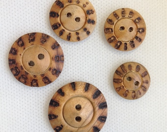 Wood buttons. Branded wood buttons. 5 Sizes available. Lot is 6 buttons. Sunburst Button.