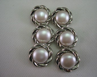 Classic silver and pearl buttons  Lot of 6,   2 sizes available   7/8" (20mm) and 11/16" (17mm)