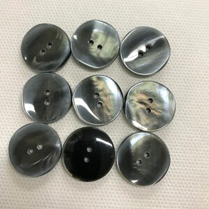 K&ouml;nnte beinhalten: Neun runde, dunkelgraue Kn&ouml;pfe mit jeweils zwei L&ouml;chern sind in einem Raster angeordnet. Die Kn&ouml;pfe haben einen perlmuttartigen Glanz, der das Licht reflektiert. Diese Kn&ouml;pfe sind f&uuml;r N&auml;h- und Bastelprojekte.