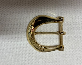 Gold color Buckle - Semi-Shiny  gold color surface,  horse shoe shape - Width 1-1/2"by 1 5/8" tall, Center bar 1 1/4" (Fabric attachment.1")