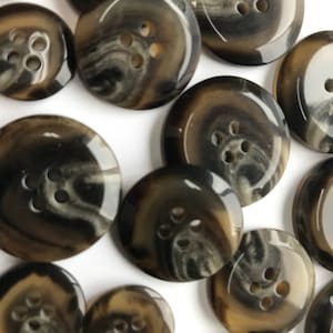 Botones de traje y abrigo moteados de 4 orificios con borde biselado gris oscuro/marrón, lote de 6 botones, 3 tamaños disponibles.
