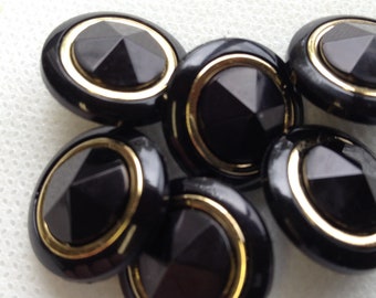 Gold accent ring Black facet Button - Lot of 6  - shank back , Size 11/16" (18mm)  .