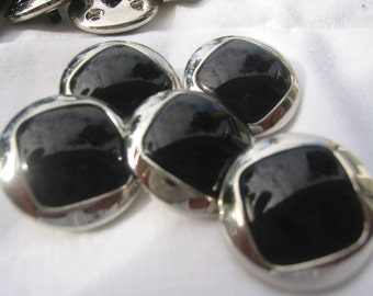 Black button Silver button  with Silver edge - shank back,  Lot of 6. buttons are just over 3/4" in diameter (19mm)