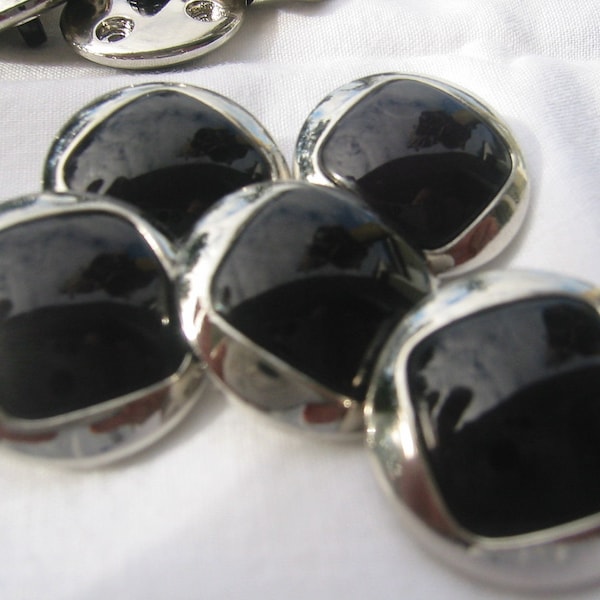 Black button Silver button  with Silver edge - shank back,  Lot of 6. buttons are just over 3/4" in diameter (19mm)