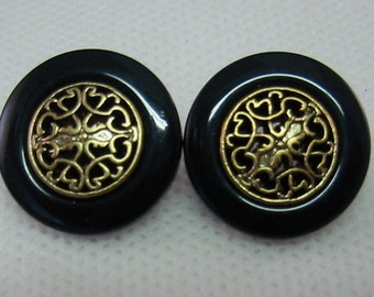 Black button, gold filagree center, Lot of 6, Shank button.