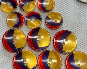 Fancy Buttons Yellow- blue-red 2 hole. 3 sizes 3/4",11/16" 9/16" Dished face,round back. Pearlized . Lot of 6 buttons Beautiful buttons