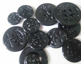 Anchor Button Black - Lot size is 6 buttons -  4 sizes  from 13/16" down to 1/2" -  Pick your size